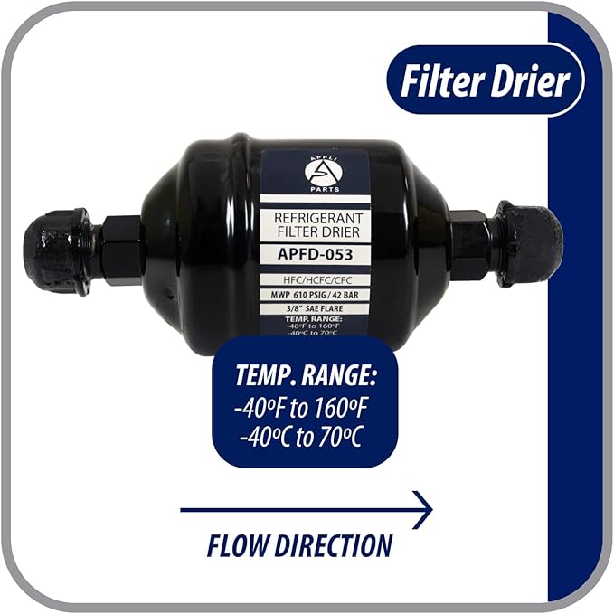 Appli Parts APFD-053 3/8 in Liquid Line Refrigerant AC Filter Drier hvac Refrigeration 053 SAE Flare connection universal unidirectional 4-1/2 in long 2 in wide