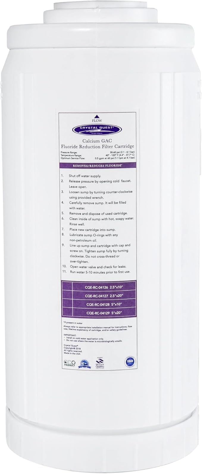 Crystal Quest Calcium GAC Fluoride Reduction Filter - Efficient Fluoride Removal or Reduction - Compact Design - Long-Lasting Capacity - 4-5/8” x 9-3/4”
