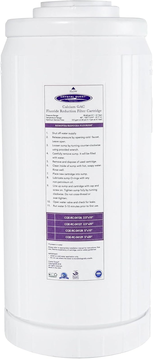 Crystal Quest Calcium GAC Fluoride Reduction Filter - Efficient Fluoride Removal or Reduction - Compact Design - Long-Lasting Capacity - 4-5/8” x 9-3/4”