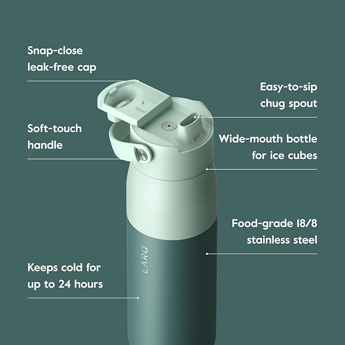 LARQ Bottle Swig Top 34oz - Insulated Stainless Steel Water Bottle With Built-In Silicone Handle | BPA Free | Reusable Water Bottle for Sports, Gym, and Travel, Eucalyptus Green