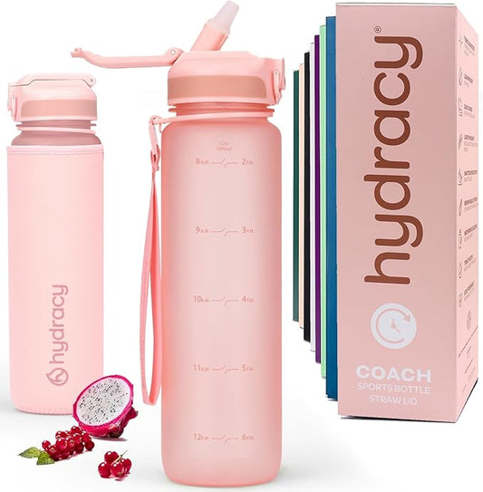 Hydracy Water Bottle with Time Marker -Large BPA Free Water Bottle & No Sweat Sleeve -Leak Proof Gym Bottle with Fruit Infuser Strainer & Times to Drink -Ideal for Fitness Sports & Outdoors
