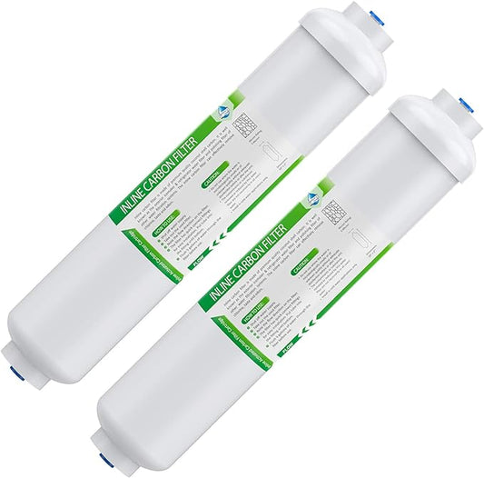 Membrane Solutions T33 Inline Water Filter, 2-Pack 1/4" Quick-Connect Replacement Cartridges for Refrigerator & Ice Maker, Post-Carbon Filter for Reverse Osmosis Systems, Push-to-Connect