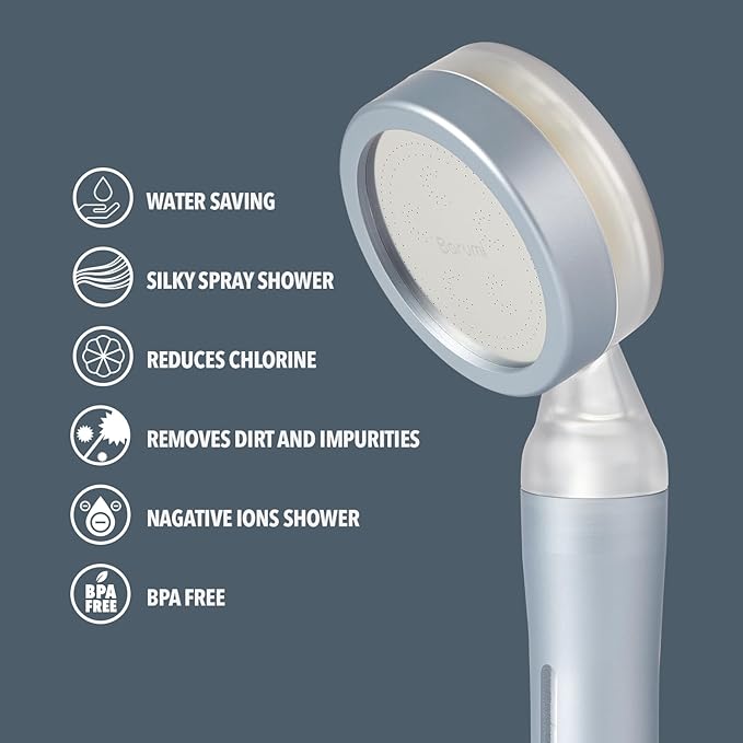 Barumi Pluo Handheld Filtered Shower Head - Silver | Vitamin C Filter for Healthy Skin & Hair | High Pressure Soft Spray | Dual Filtration Removes Chlorine & Impurities | Gentle Shower for Pets