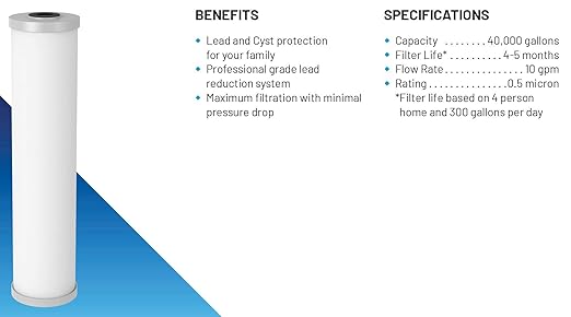 Pentair OMNIFilter PB55-20 Carbon Water Filter, 20-Inch, Whole House Premium Heavy Duty Big Blue Carbon Block Lead Reduction Replacement Cartridge, 20" x 4.5", 0.5 Micron