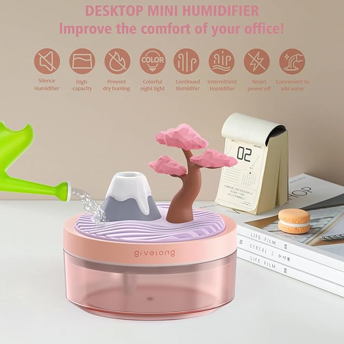 Mini Portable Desktop Humidifiers for Bedroom,Small Humidifier with Cherry Tree,Quiet,Cool Mist, Auto Off,7 Colors Night Light,320ml Air Humidifier Home Office Travel(PINK)