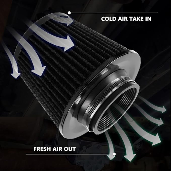 muge racing 3-inch Cold Air Intake Filter 76mm, High Performance Clamp-On Engine Intake Air Filter, Washable Reusable & Universal Round Tapered Replacement Air Filter, Black