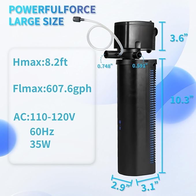 Hypool Aquarium U-V Filter 600GPH for Large 75-300 Gallon Fish Tank Cold Plunge Tub Small Koi Pond Filter Pleated Water Polishing Media, Green Clean Machine Deodorization for Saltwater Freshwater