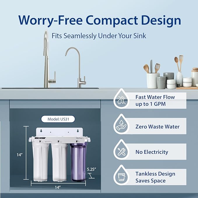 iSpring US31 Classic 3-Stage Under Sink Water Filtration System for Drinking, Tankless, High Capacity, Sediment + GAC + Carbon