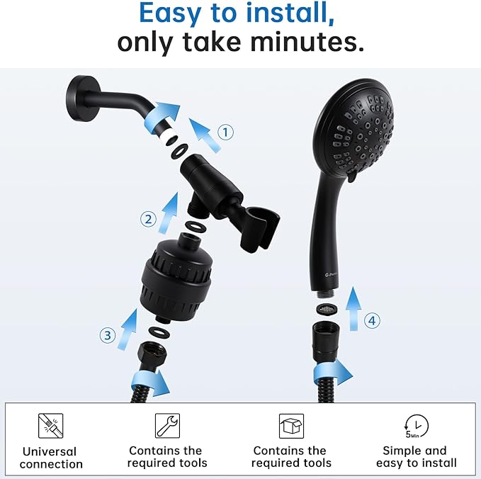 G-Promise Luxury Filtered Handheld Shower Head, 6 setting with Effective Filter of 2 Cartridges, Adjustable Metal Bracket, Extra Long Hose (Matte Black)
