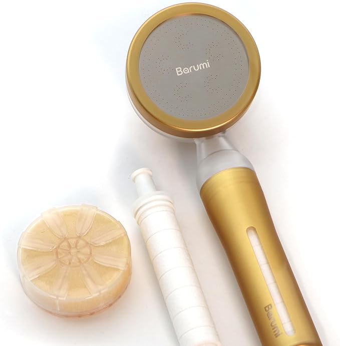 Barumi Pluo Handheld Filtered Shower Head - Gold | Vitamin C Filter for Healthy Skin & Hair | High Pressure Soft Spray | Dual Filtration Removes Chlorine & Impurities | Gentle Shower for Pets