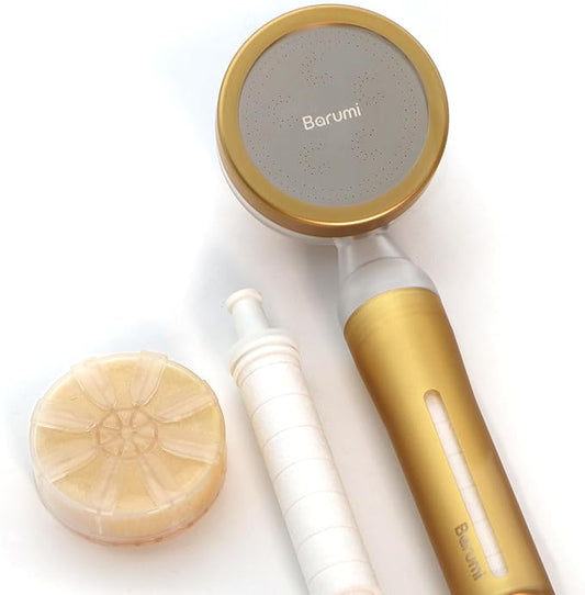 Barumi Pluo Handheld Filtered Shower Head - Gold | Vitamin C Filter for Healthy Skin & Hair | High Pressure Soft Spray | Dual Filtration Removes Chlorine & Impurities | Gentle Shower for Pets