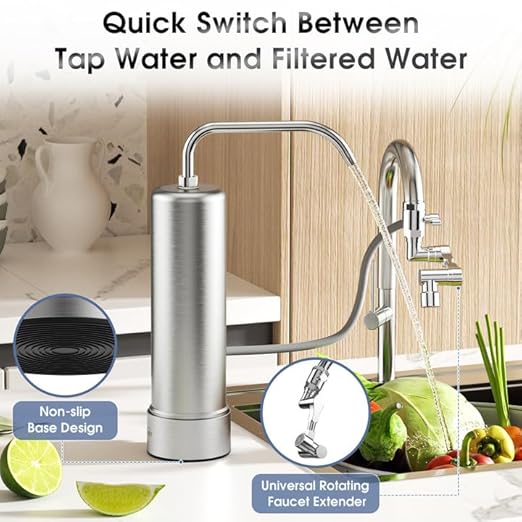 Countertop Water Filter, Stainless Steel 8000 Gallons Rotating Faucet Water Filtration System, Reduces 99.99% Chlorine, Lead, Heavy Metals, Bad Odor, OM-CF05 Included 1 Filter