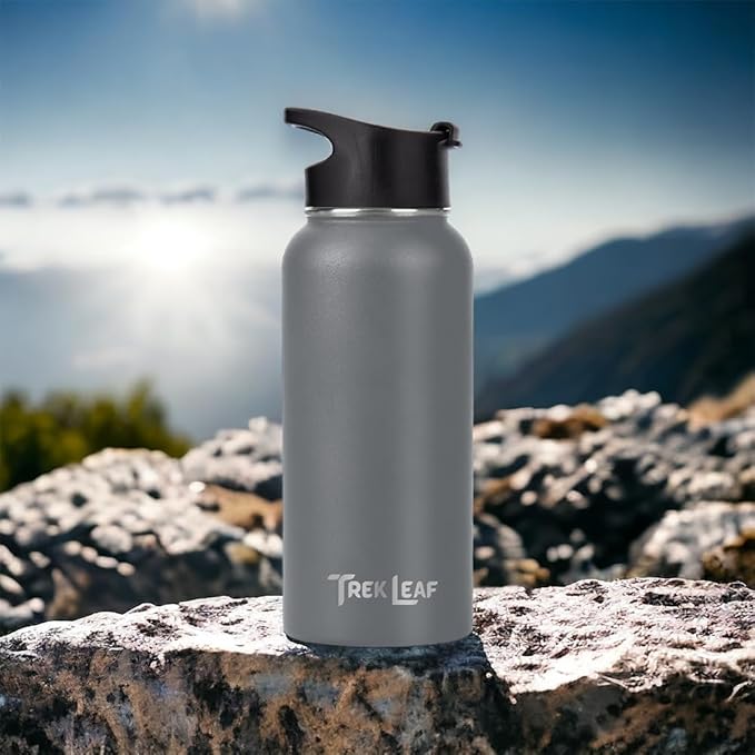 Travel Water Bottle with 3 Lids (Spout, Straw, Flip) Leak Proof, Quality, Vacuum Insulated, Stainless Steel (Gray, 32 oz)