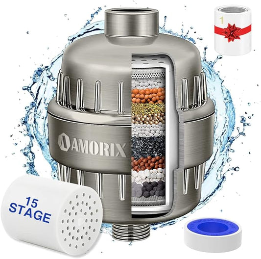 15 Stage Shower Head Filter for Hard Water - High Output Shower Water Softener with 2 Replaceable Filter Cartridges - Reduces Chlorine, Dry Skin & Itchy Scalp