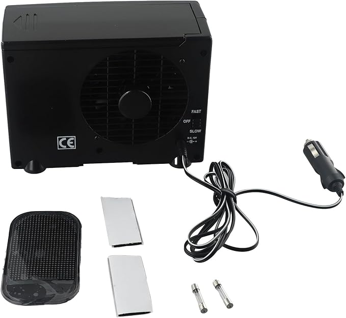 12V Portable Air Conditioner Fan with Water Cooling Tank for Car, Home, Camper, Boat, Travel, Quiet Low Power Air Cooler and Humidifier, Black