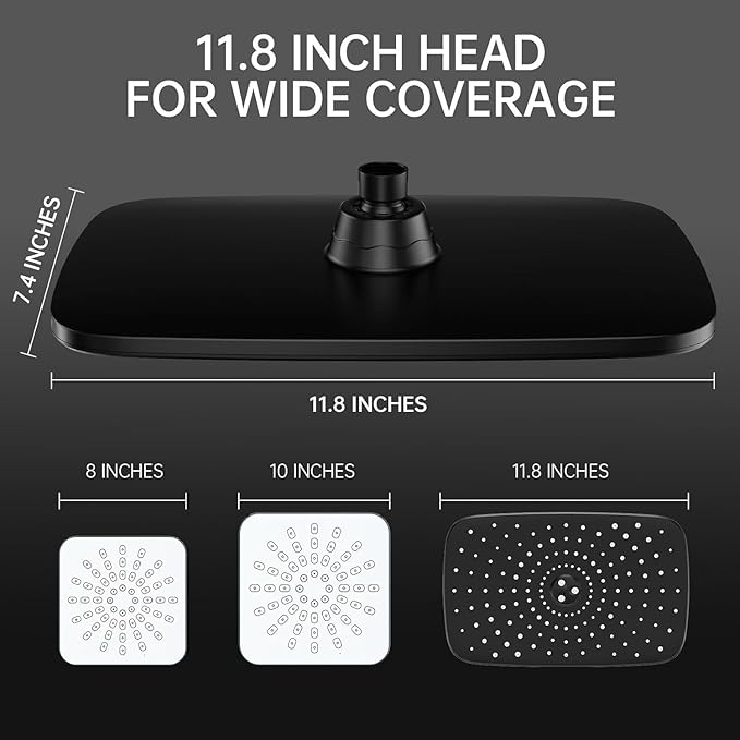 Veken 11.8 Inch Rectangle Rain Shower Head - Shower Heads with 6 Modes Handheld Spray Combo - Wide Rainfall shower with 70" Hose - 1.8gpm Dual Showerhead with Anti-Clog Nozzles - Matte Black