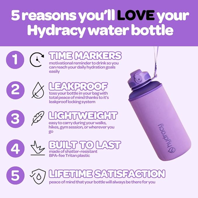 Hydracy Water Bottle with Time Marker -Large BPA Free Water Bottle & No Sweat Sleeve -Leak Proof Gym Bottle with Fruit Infuser Strainer & Times to Drink -Ideal for Fitness Sports & Outdoors
