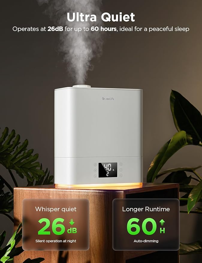 GoveeLife Smart Humidifiers for Bedroom Large Room, Top-Fill Cool Mist 6L WiFi Air Humidifier, Auto Mode, App & Voice Control, 60H Runtime, Rapid Humidification, RGB Nightlight Baby Plants, White
