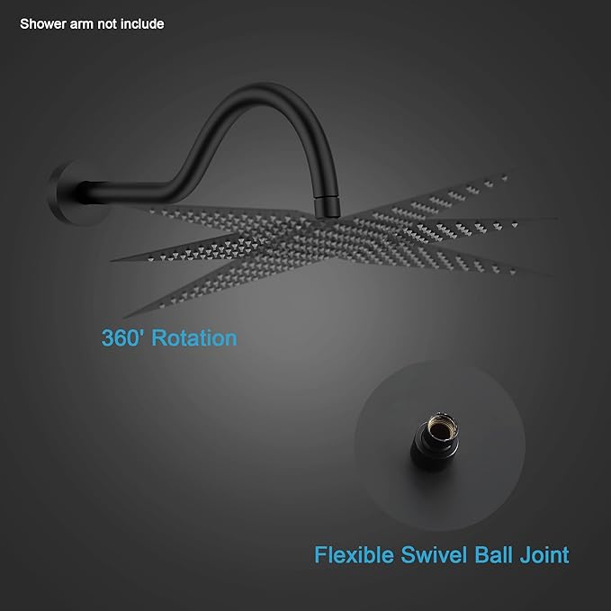 Lordear Black Rain Shower Head 16 Inch Square High Pressure Stainless Steel Rainfall Shower Head 360° Rotation Waterfall Showerhead Full Body Coverage with Silicone Nozzle