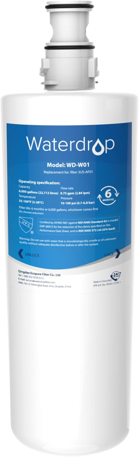 Waterdrop 3US-AF01 Undersink Water Filter, Replacement for Filtrete® 3US-AF01, 3US-AS01, Aqua-Pure AP Easy C-CS-FF, WHCF-SRC, WHCF-SUFC, WHCF-SUF, NSF/ANSI 42 Certified, Pack of 1