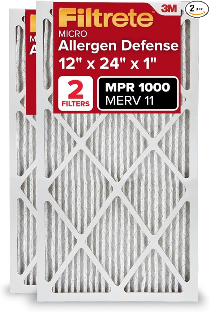 Filtrete 12x24x1 AC Furnace Air Filter, MERV 11, MPR 1000, Micro Allergen Defense, 3-Month Pleated 1-Inch Electrostatic Air Cleaning Filter, 2 Pack (Actual Size 11.719x23.72x0.85 in)