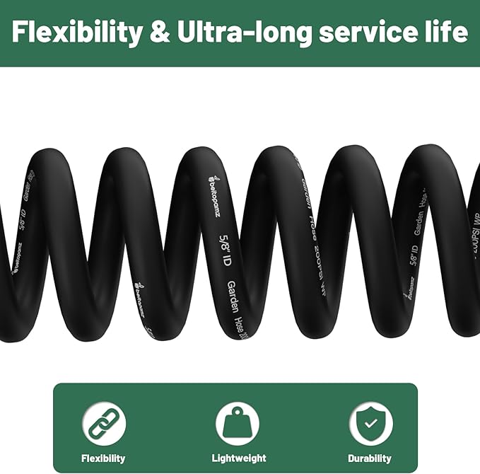 100 ft Garden Hose, 5/8 in Heavy Duty Water Hose, Flexible and Durable, Lightweight Rubber Hybrid Hose, Leak-Free Connections, Male to Female Fittings, BT100B, Black