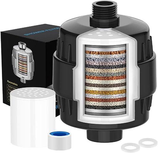 20 Stage Shower Filter Universal with Replaceable Water Filter,Bathroom shower filter head for hard water,Removing Chlorine and fluoride,Black