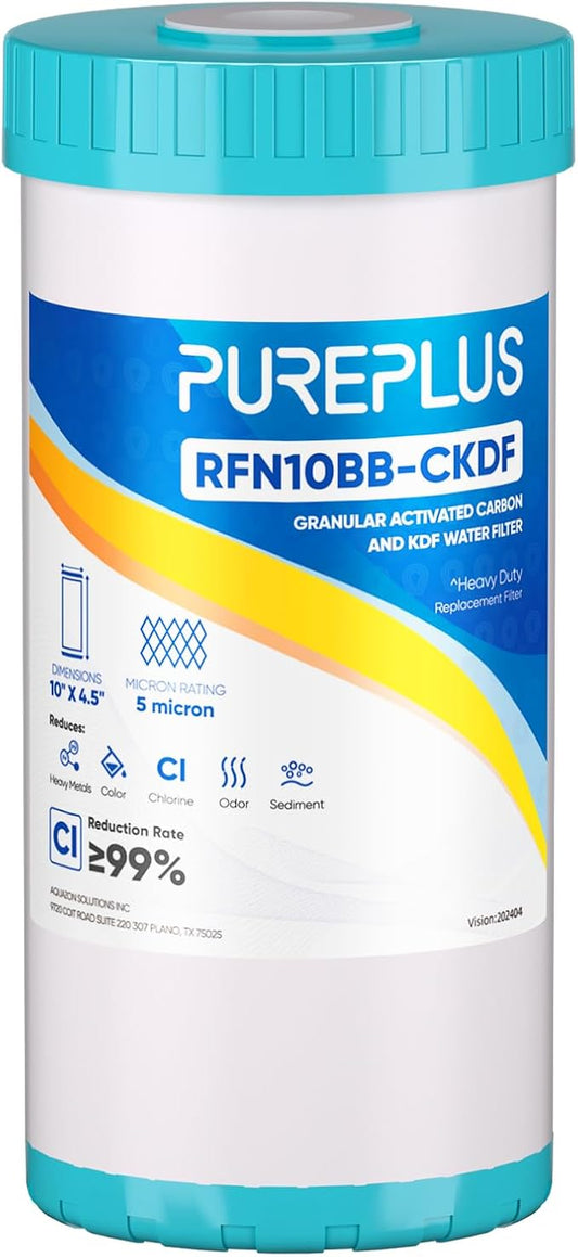PUREPLUS 5 Micron 10" x 4.5" Whole House KDF/GAC Water Filter, Heavy Metal Removal Replacement Water Filter, RFN10BB-CKDF, 1PACK