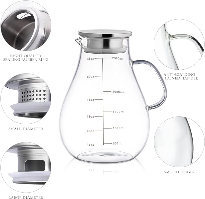 Glass Pitcher with Lid,88 Ounces -2500ml with Precise Scale Line, Hot/Cold Water Jug, Juice and Iced Tea Beverage Carafe with Lid
