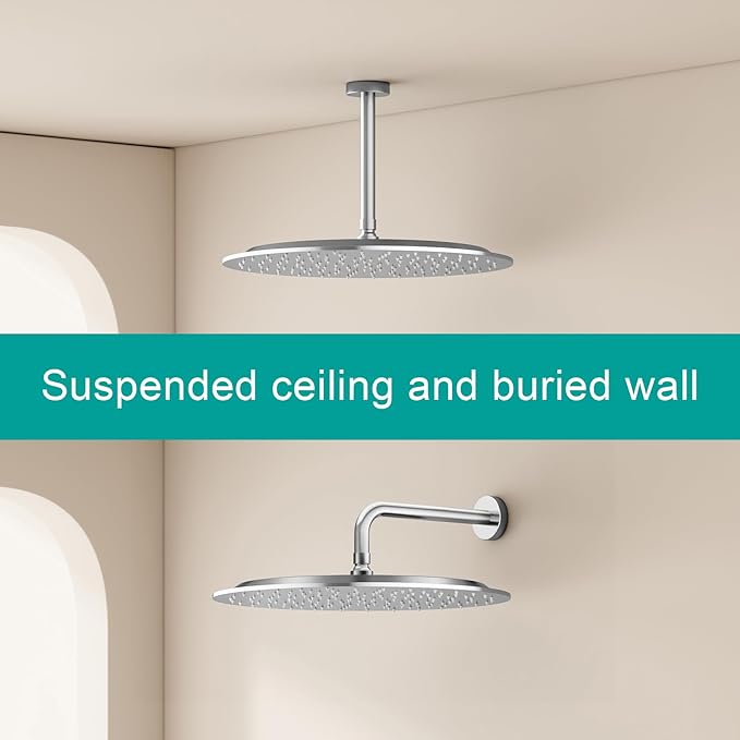 All Metal Rain Shower Head - Heavy Duty Stainless Steel, Easy Install, High Water Flow, Ultra-Thin Modern Design for Bathroom (Chrome, 16)