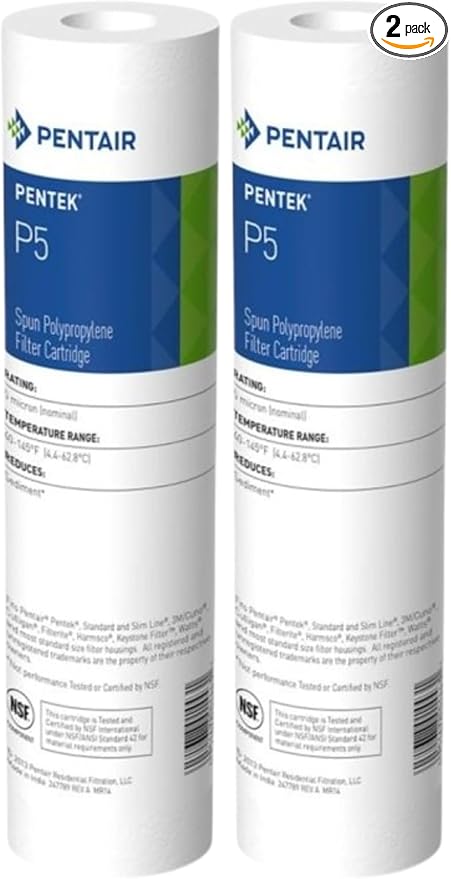 Pentair Pentek P5 Sediment Water Filter, 10-Inch, Under Sink Spun-Bonded Polypropylene Replacement Cartridge, 10" x 2.5", 5 Micron (Pack of 2)