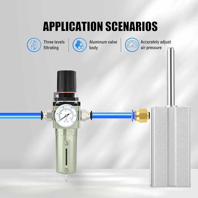 3/4" NPT Heavy Duty Industrial Grade Air Compressor Moisture Filter, Manual Drain, Particulate Filter and Air Regulator For Plasma Cutter and Paint Spray