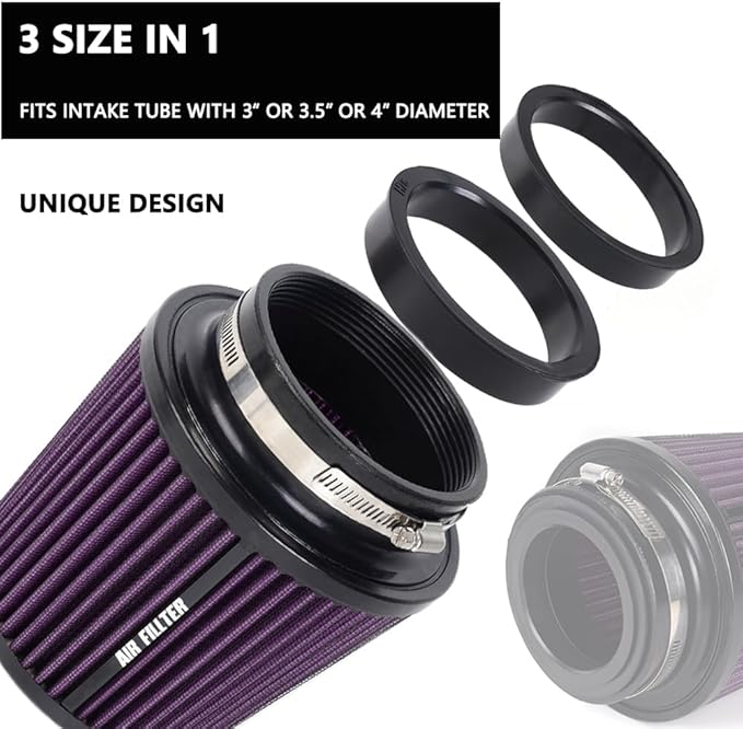 4-Inch Cold Air Intake Filter - Washable, High Performance, 3" or 3-1/2" or 4" Clamp-On Replacement Cone Air Filter Universal 3 Sizes in 1 Purple
