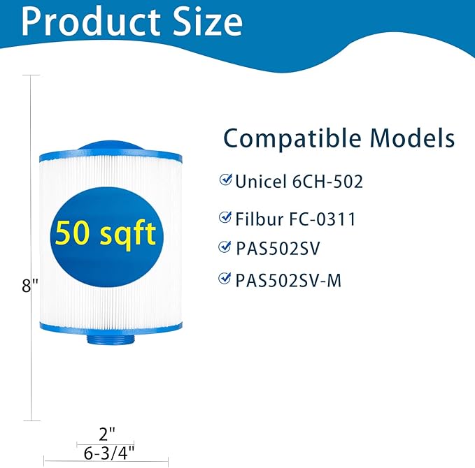 PAS50SV-F2M Replaces Artesian Spa Filter,Compatible with Unicel 6CH-502, Filbur FC-0311，PAS502SV, PAS502SV-M, PAS50, Master Deluxe M60506, Excel XLS-604 Hot Tub Filter. 2 Pack