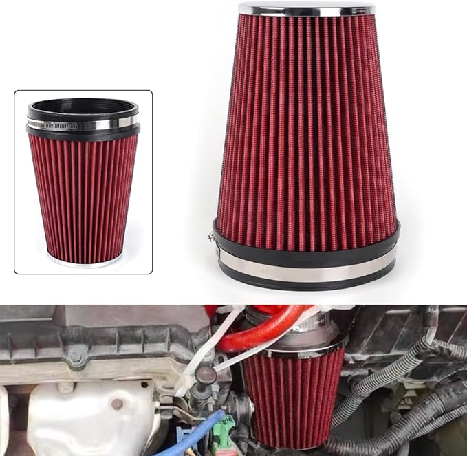 6" Inlet Cold Air Intake Filter Cone Replacement Performance Washable Clamp-On Dry Air Filters Red (8" Tall)