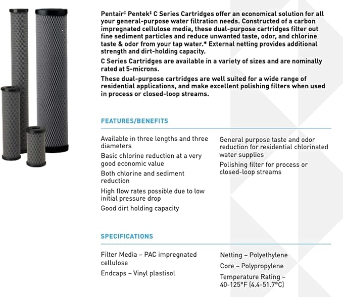 Pentair Pentek C1-20BB Big Blue Carbon Water Filter, 20-Inch, Whole House Heavy Duty Dual Purpose Powdered Activated Carbon-Impregnated Cellulose Replacement Cartridge, 20" x 4.5", 5 Micron , Black