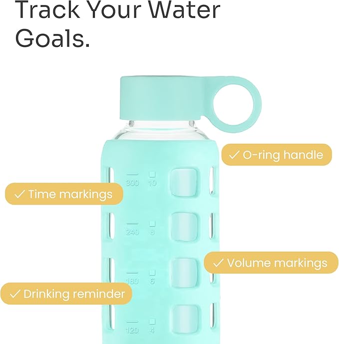 purifyou 40oz / 32oz / 22oz / 12oz Borosilicate Glass Water Bottle with Time & Volume Markers, Silicone Sleeve, Stainless Steel Lid | Reusable Glass Bottle for Water & Juice (12oz Glow-in-the-Dark)
