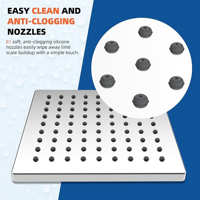 Hibbent Thickness Metal Rain Shower Head, 6 Inch High Pressure Rainfall Shower Head, Square Bathroom Waterfall Shower Heads, High Flow Fixed Showerheads with Adjustable Brass Ball Joint, Chrome