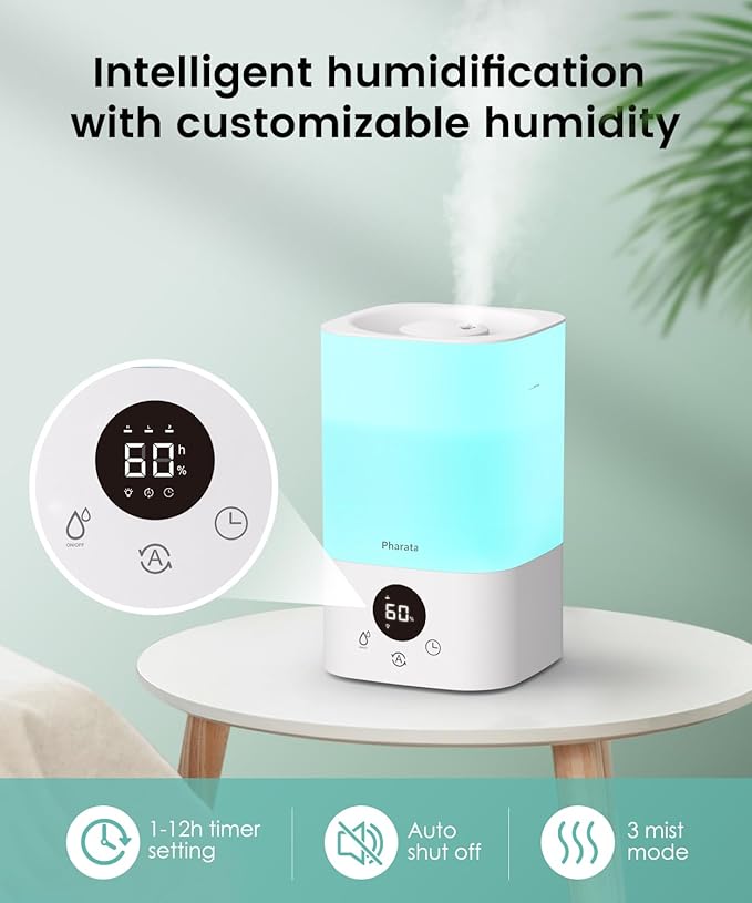 Smart Humidifiers for Bedroom Large Room, 3.5L Top Fill Cool Mist Air Humidifiers for Home Baby Plants Nursery, Humidity Control & Night Light, White