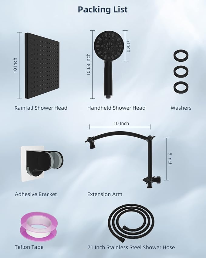 Hibbent Thickness 10'' Rain Shower Head, High Pressure Handheld Spray, Showerhead Combo with 16'' Adjustable Arc Shower Extension Arm, 7 Settings, 71'' Hose, Adhesive Shower Holder, Matte Black