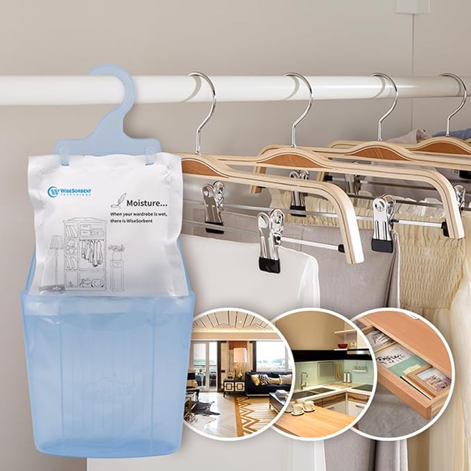 Moisture Absorber Packets with Plastic Case & Hook, Odor Eliminator, Leak Proof, Fragrance Free, Humidity Packs, Hanging Closet Dehumidifier Bags, Moisture Absorber (4 Packs)
