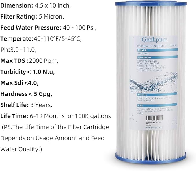 Geekpure 10-Inch Whole House Pleated PP Sediment Filter-4.5" x 10"-5 Micron