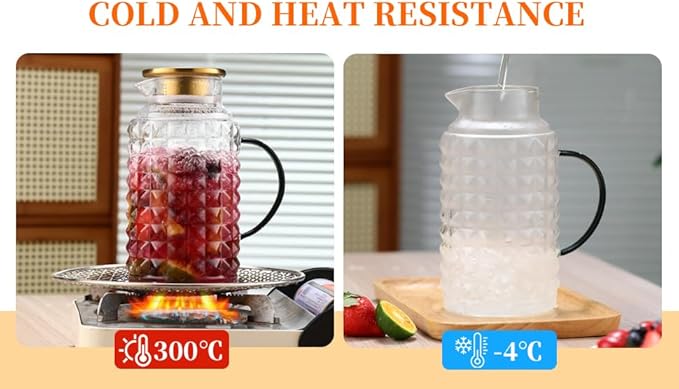 2 Liter (68oz) Glass Pitcher with Lid and Spout, Heavy Duty Water Jug with Handle Borosilicate Heat Resistant Carafe for Hot/Cold Drinks -for Iced Tea, Coffee, Lemonade, Infused Water