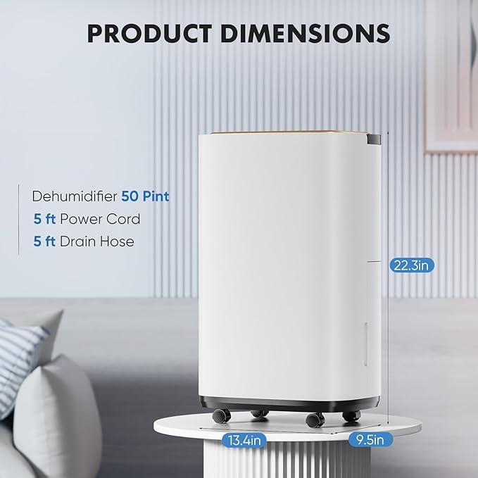 Sweetcrispy 4,500 Sq. Ft. Dehumidifier for Basement, 50 Pints Dehumidifiers for Home with Drain Hose, 1.58 Gallon Water Tank Portable Quiet Moisture Remover, Ideal for Whole House, Bedroom & Bathroom