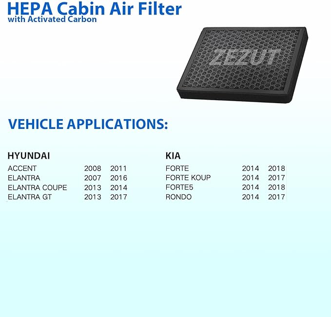 Cabin Air Filter CF10728 Fits Hyundai 2008-2011 Accent, 2007-2016 Elantra, 2014-2018 Kia Forte, 2014-2017 Forte Koup, 2014-2018 Forte5, Honeycomb Structure and Activated Carbon(1 Pack)
