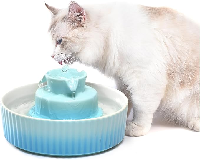 2.1L Ceramic Cat Water Fountain-for Cats and Dogs, 360 Ceramic Pet Fountain-70 Oz Large Water Capacity - Whisper-Quiet Water Flow-Great for Shy or Timid Pets - Fresh, Filtered Water (Blue)