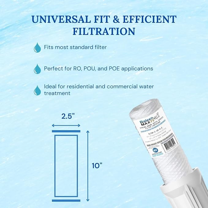 Baleen Filters 10" x 2.5" 5 Micron String Wound Sediment Filter Cartridge Replaces Hydronix SWC-25-1005, Watts SF5-978, Pentek WP-5 (06 Pack)