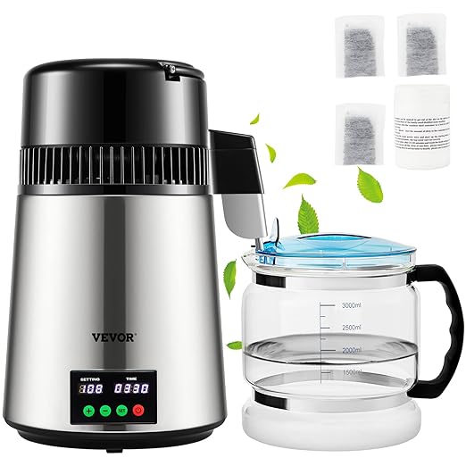 VEVOR 1.1 Gal Water Distiller, 0.3 Gal/H, Distilled Water Maker Machine 750W 0-99H Timing Set Temp Display, 304 Stainless Steel Countertop Distiller Glass Carafe Cleaning Powder 3 Carbon Packs, Silver
