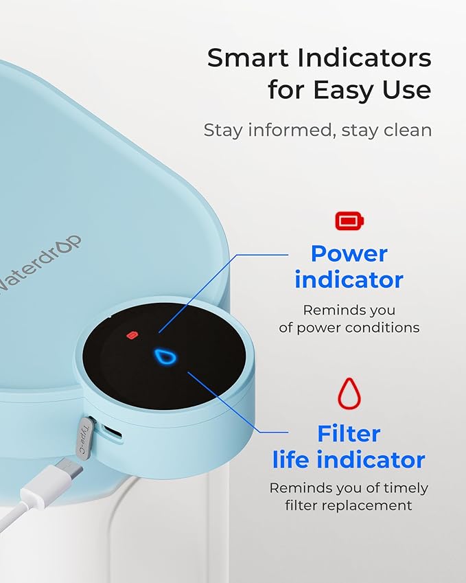 Waterdrop 0 TDS Zero TDS Water Rechargeable Water Filter Dispenser, 4-Stage Instant Electric Powerful Pitcher, Reduce Chlorine, Lead, 15-Cup Countertop Water Filtration System with 1 Filter, Blue