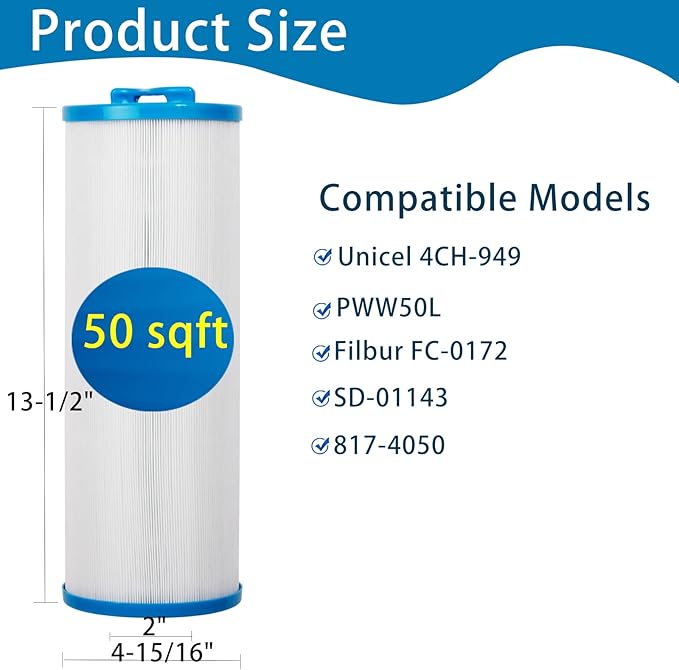 4CH-949 Spa Filter Replaces Unicel 4CH-949, PWW50L, Filbur FC-0172, SD-01143, 817-4050, Rising Dragon 50, Waterway Teleweir 50 sqft Filter Cartridge 4 Pack